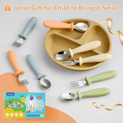 Toddler Utensils Set - 8-Piece Kids Silverware Set with Silicone Handles, Safe 18/8 Stainless Steel Forks and Spoons, Anti-Choke Design, Food Grade, Dishwasher Safe