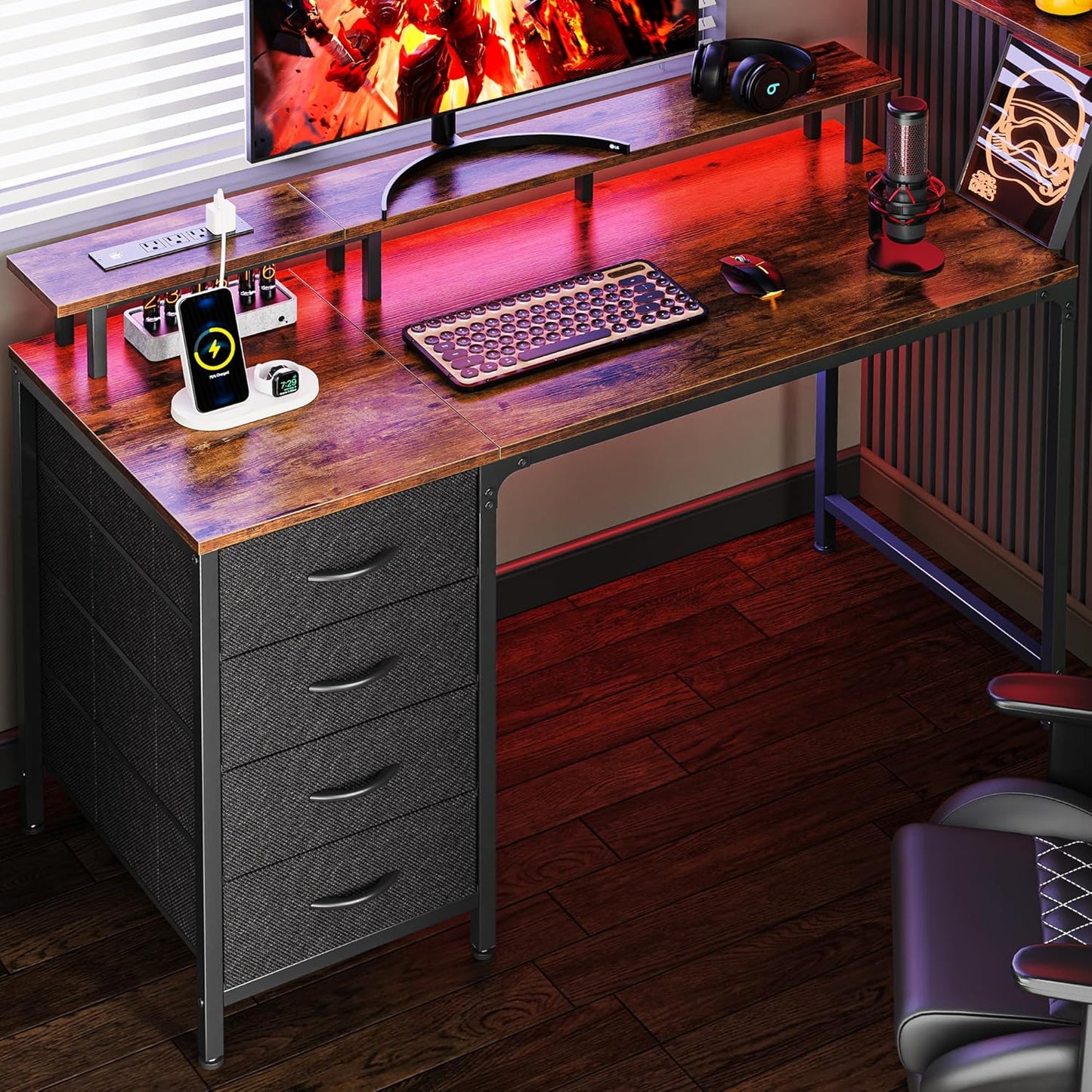 47-Inch Computer Desk with Integrated Power Outlets and LED Lighting, Gaming and Office Desk Featuring 4 Drawers and Monitor Stand, Ideal for Home Office and Small Spaces, Rustic Brown Finish