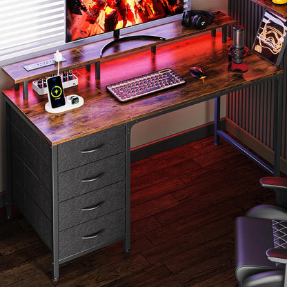 47-Inch Computer Desk with Integrated Power Outlets and LED Lighting, Gaming and Office Desk Featuring 4 Drawers and Monitor Stand, Ideal for Home Office and Small Spaces, Rustic Brown Finish