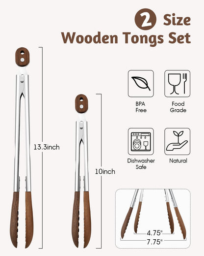 10 & 13 Inch Wooden Tongs for Cooking, Kitchen Stainless Steel Salad Tongs with Walnut Wood Tip, Serving Food Toaster Bread Non Toxic Grill Tong, Smooth Locking & Hanging Cooking Utensils Set