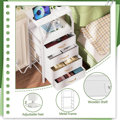 Elegant Nightstand with Integrated Charging Station, Versatile Dresser Featuring PVC and Fabric Drawers, 33.3-Inch Side Table with Open Shelf, Ideal for Bedroom, Closet, and Entryway Use, White Finish