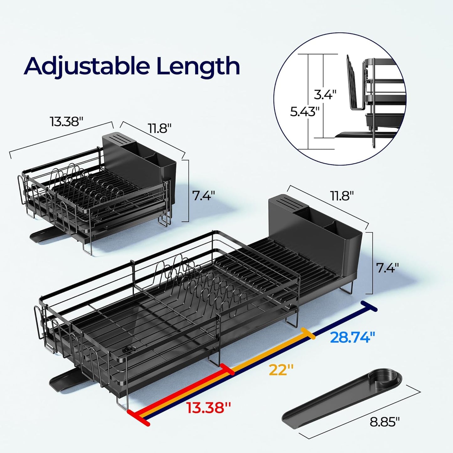 Large Dish Drying Rack - Extendable Dish Rack for Kitchen Counter, Multifunctional Dish Drainer with Drainboard Set, Dishrack with Utensil Holder & Cup Holder, 13.4"-28.7" L X 11.8" W, Black