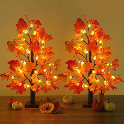 2 Pack 23.5 Inch Fall Trees with Lights, Timer Battery Operated Fall Light up Tree for Thanksgiving Autumn Home Office Room Indoor Decorations, Faux Fall Lighted Maple Trees Decor