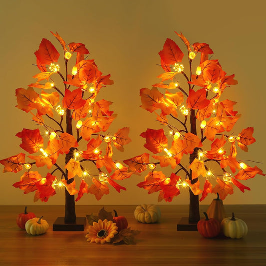 2 Pack 23.5 Inch Fall Trees with Lights, Timer Battery Operated Fall Light up Tree for Thanksgiving Autumn Home Office Room Indoor Decorations, Faux Fall Lighted Maple Trees Decor