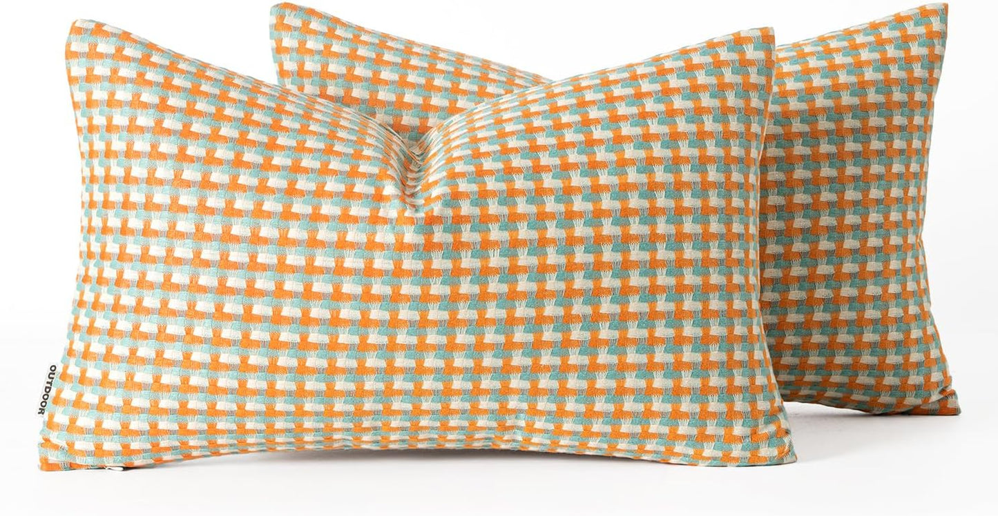 Pack of 2 Outdoor Throw Pillow Covers Decorative Farmhouse Square Waterproof Pillows for Tent Patio Garden Balcony Sofa, 12X20 Inch Orange Green