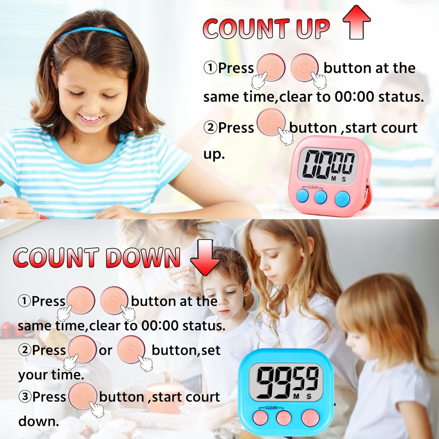 Timer for Kids Teachers Supplies Digital Kitchen Timers for Cooking Large Magnetic Classroom Timer 2Pack-Blue Pink