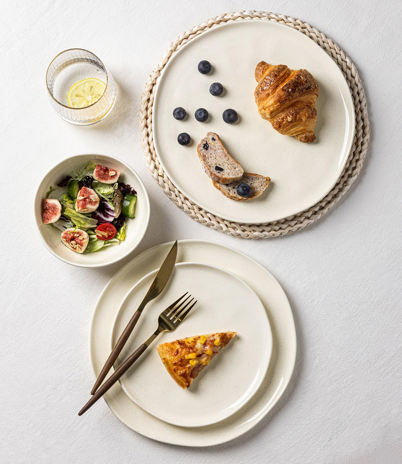 Ceramic Dinnerware Set for Four, 12-Piece Porcelain Collection, Lightweight and Scratch-Resistant, Oven, Microwave, and Dishwasher Safe, Beige Speckled Finish