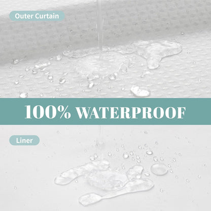 White No Hook Waffle Weave Shower Curtain with Snap-In Liner Replacement, 230GSM Waterproof Fabric Hotel Shower Curtain Set for Bathroom, through Mesh Top Window,71Wx74H
