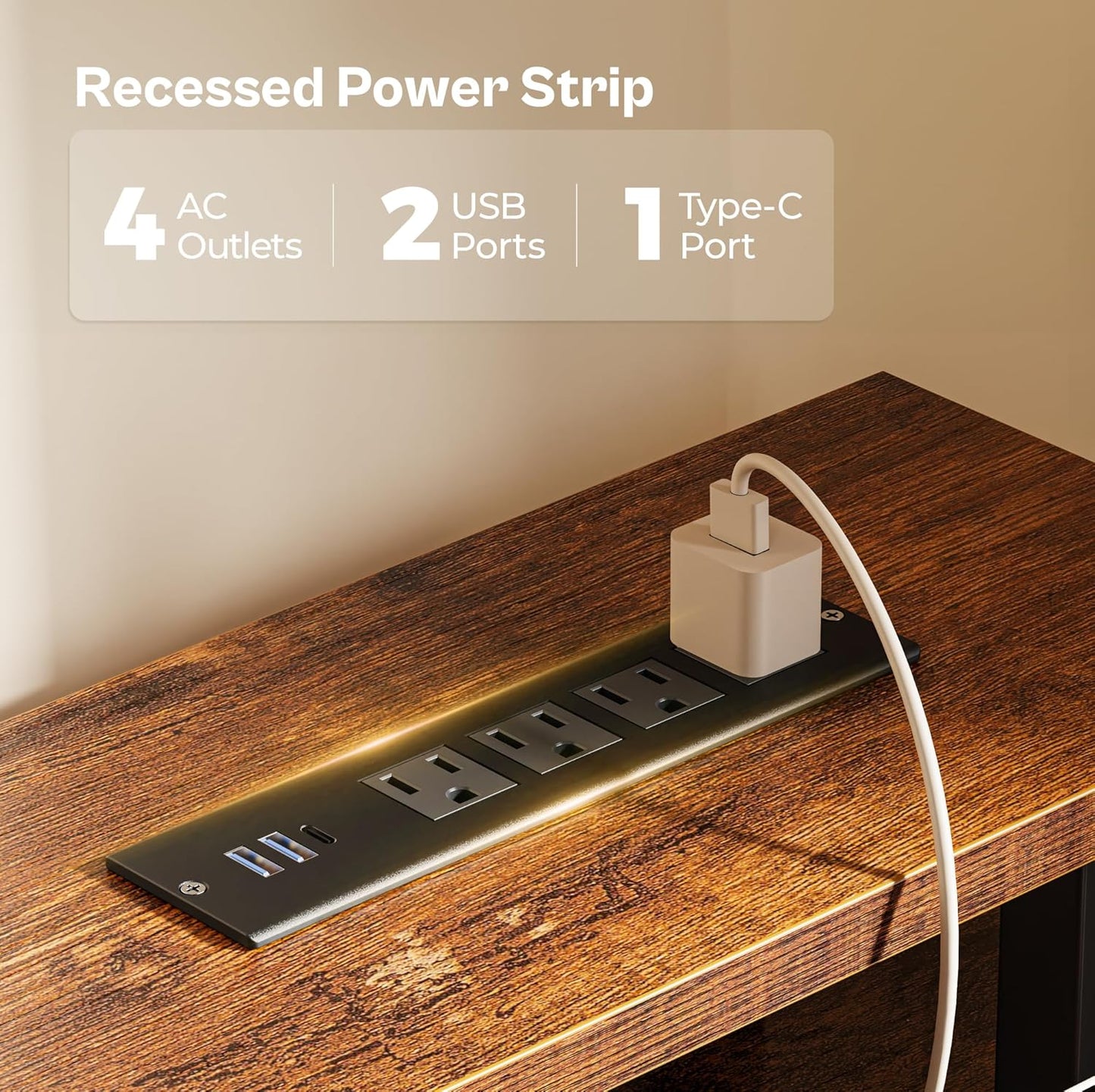 55-Inch Computer Desk with 4 Drawers, LED Lighting, and Power Outlets - Spacious Home Office and Gaming Desk in Rustic Brown Finish