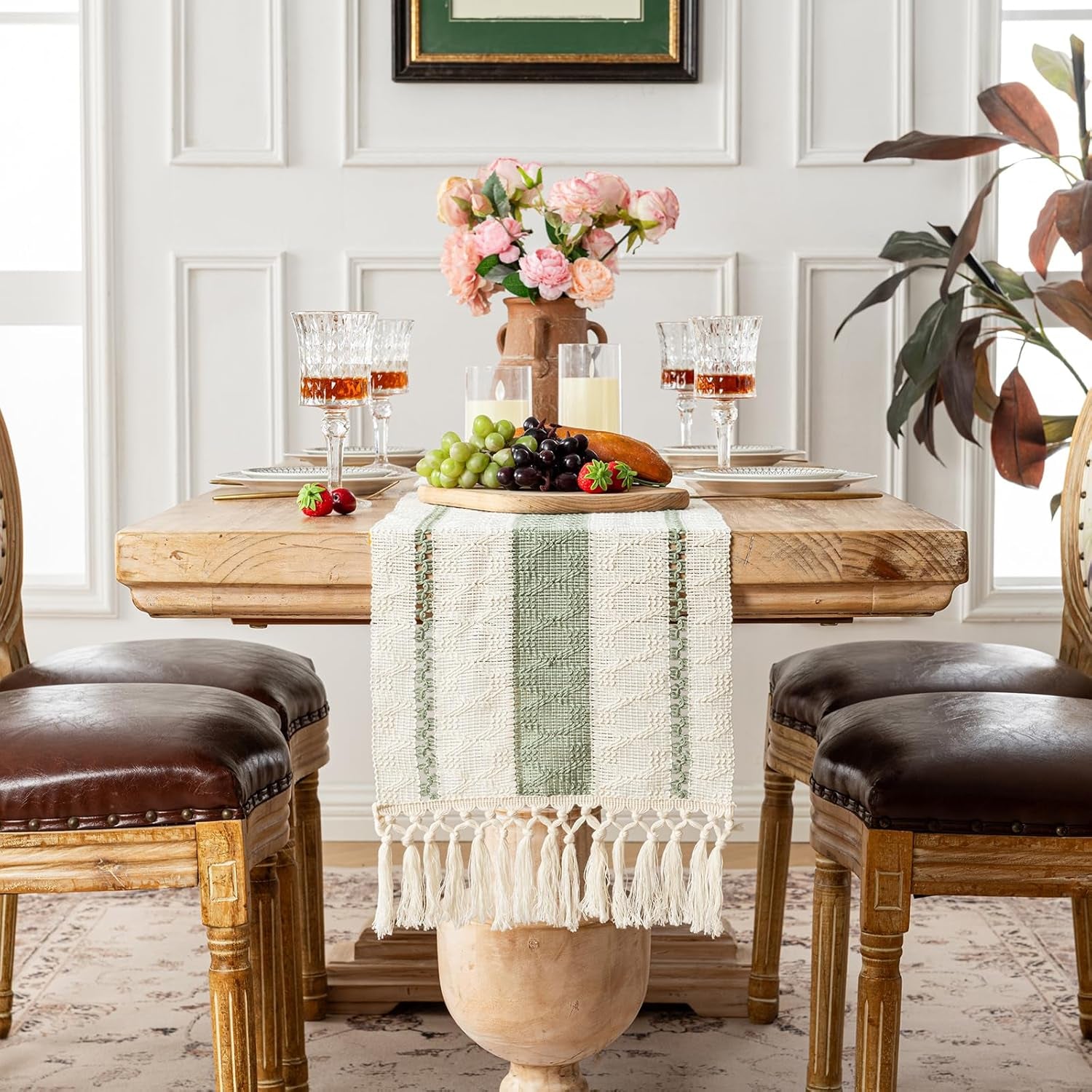 Sage Green Table Runner 72 Inches Long Boho Macrame Table Runner for Home Decor, Farmhouse Table Runners with Tassels for Party Bohemian Rustic Bridal Shower Dining Decor 12X72 Inches