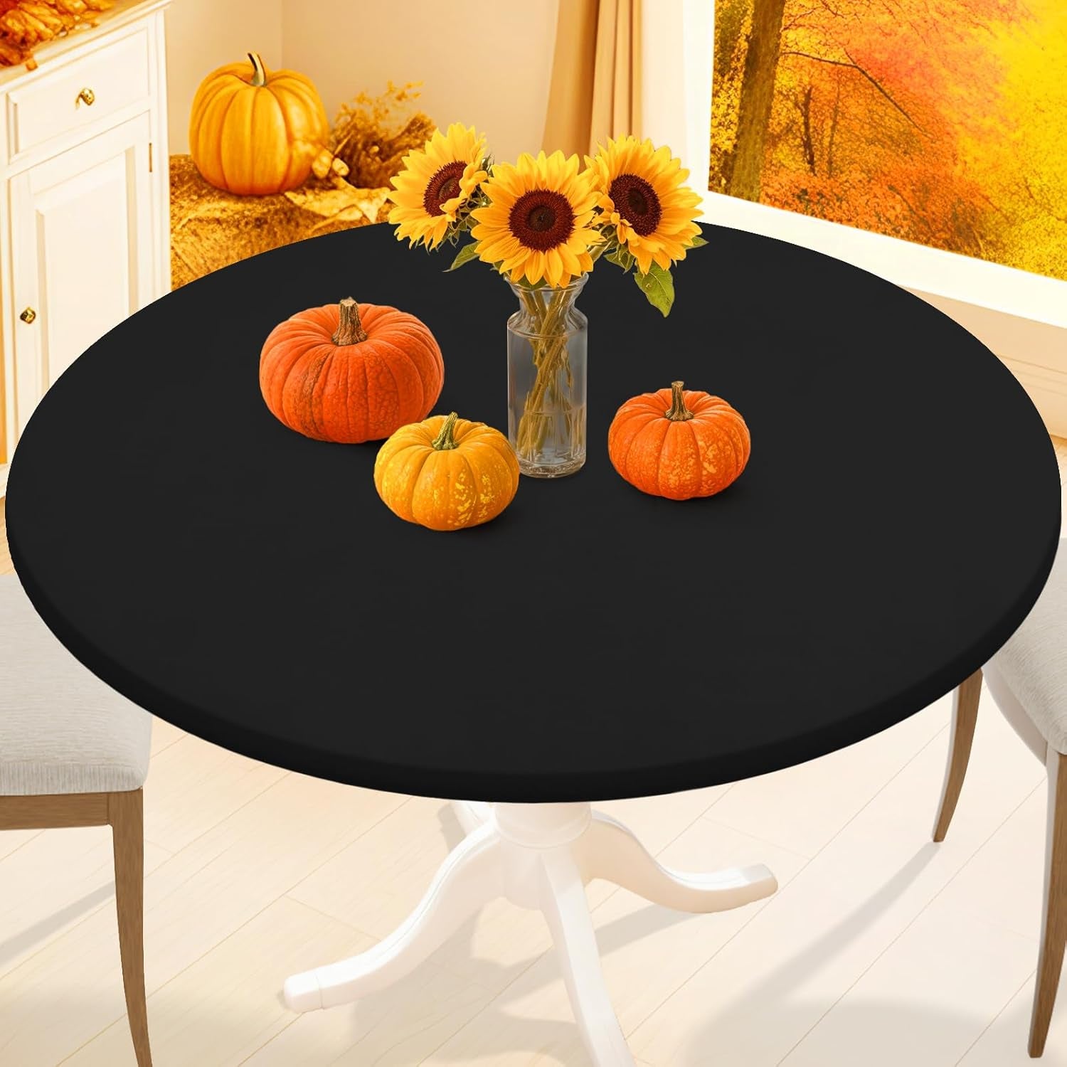 round Spandex Tablecloth, Elastic Fitted Washable Tablecloths for 36"-44" Tables, Waterpoof Stretch Picnic Table Cover for Dining, Indoor and Outdoor, Black