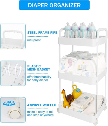Diaper Caddy Organizer, 3-Tier Movable Diaper Cart with Wheels, Newborn Essentials Must Haves, Diaper Caddy for Wipes & Diapers, Baby Registry Search - Plastic White