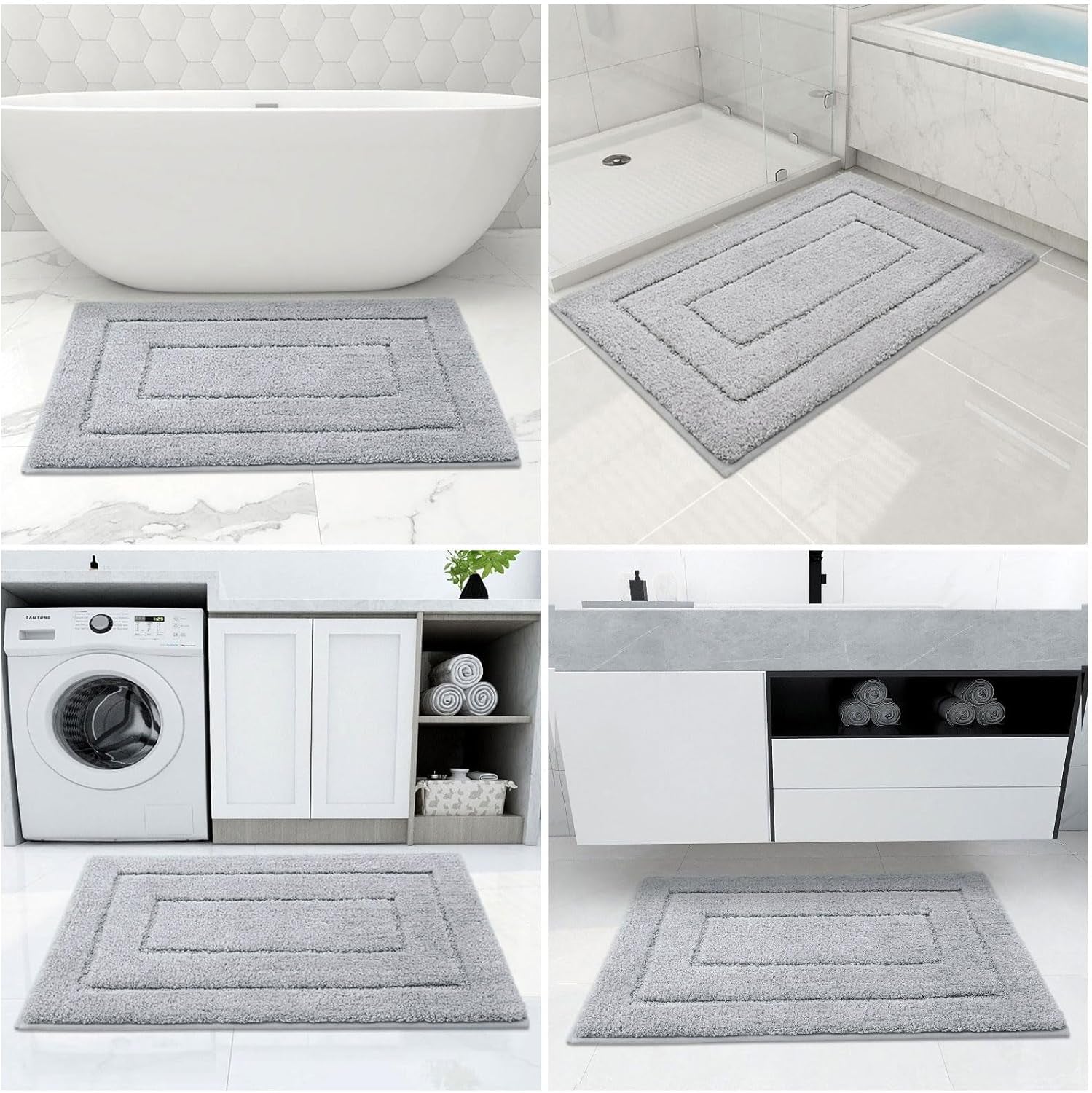Bathroom Rugs, 24" X 20", Soft and Absorbent Microfiber Bath Rugs, Non-Slip Shaggy Shower Carpet, Machine Wash Dry Bath Mats for Bathroom Floor, Tub and Shower, Grey