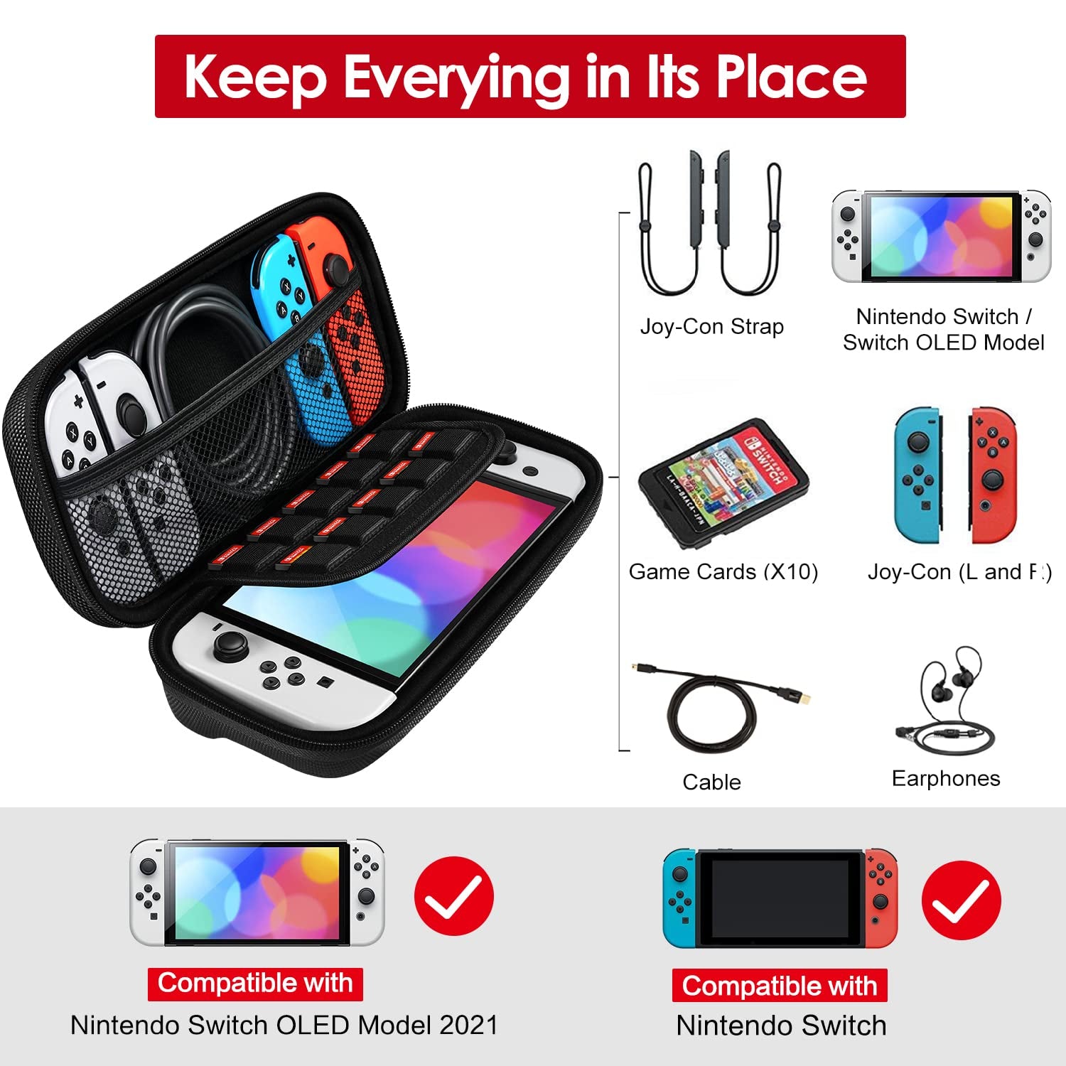 Carrying Case for Nintendo Switch and NEW Switch OLED Model(2021),Portable Hard Shell Pouch Carrying Travel Game Bag for Switch Accessories Holds 10 Game Cartridge (Black)