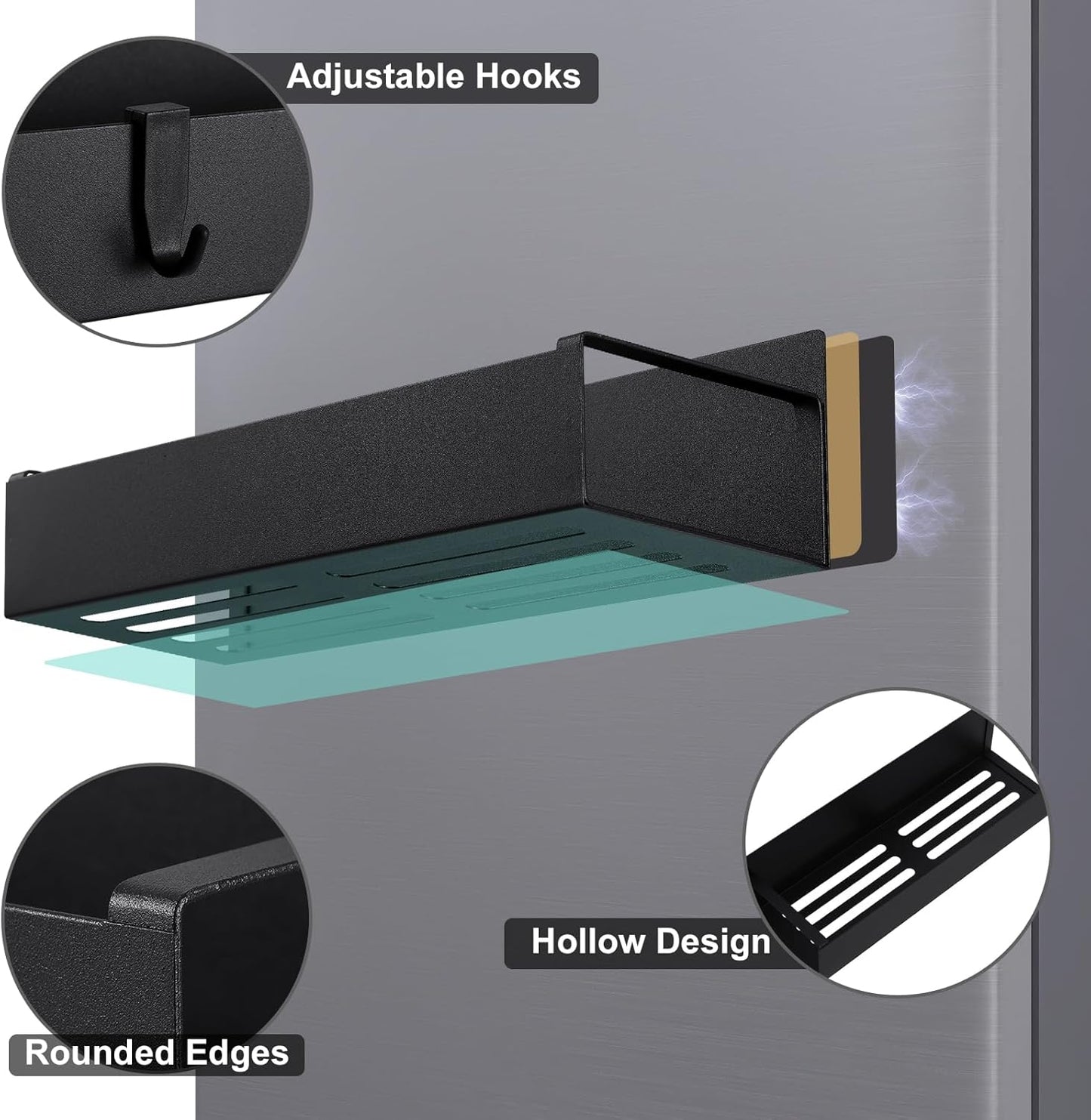 Magnetic Spice Rack for Refrigerator，Fridge Organizer for Kitchen Organization and Storage, 4 Pack (Black) Metal Shelf with 8 Moveable Hooks