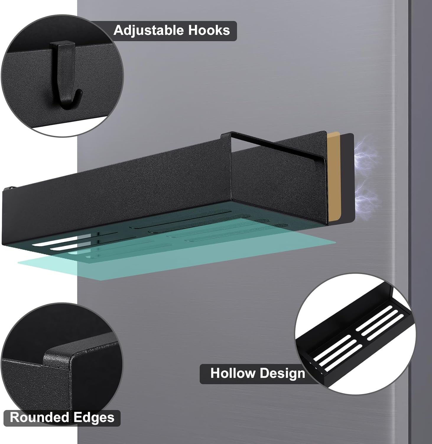 Magnetic Spice Rack for Refrigerator，Fridge Organizer for Kitchen Organization and Storage, 4 Pack (Black) Metal Shelf with 8 Moveable Hooks