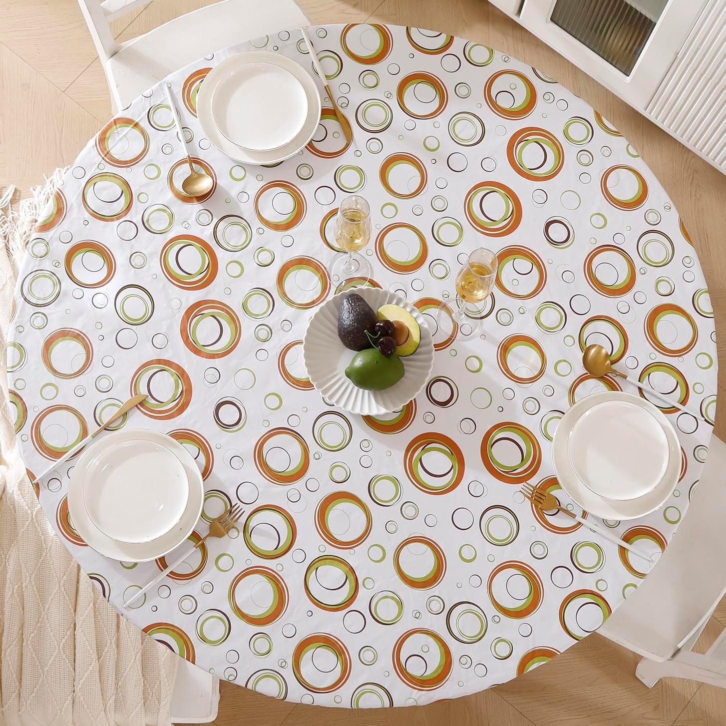 Round Vinyl Fitted Tablecloth with Flannel Backing Elastic Edge Design Table Cover Waterproof Oil-Proof PVC Table Cloth Stain-Resistant Best for 32"-36" Round