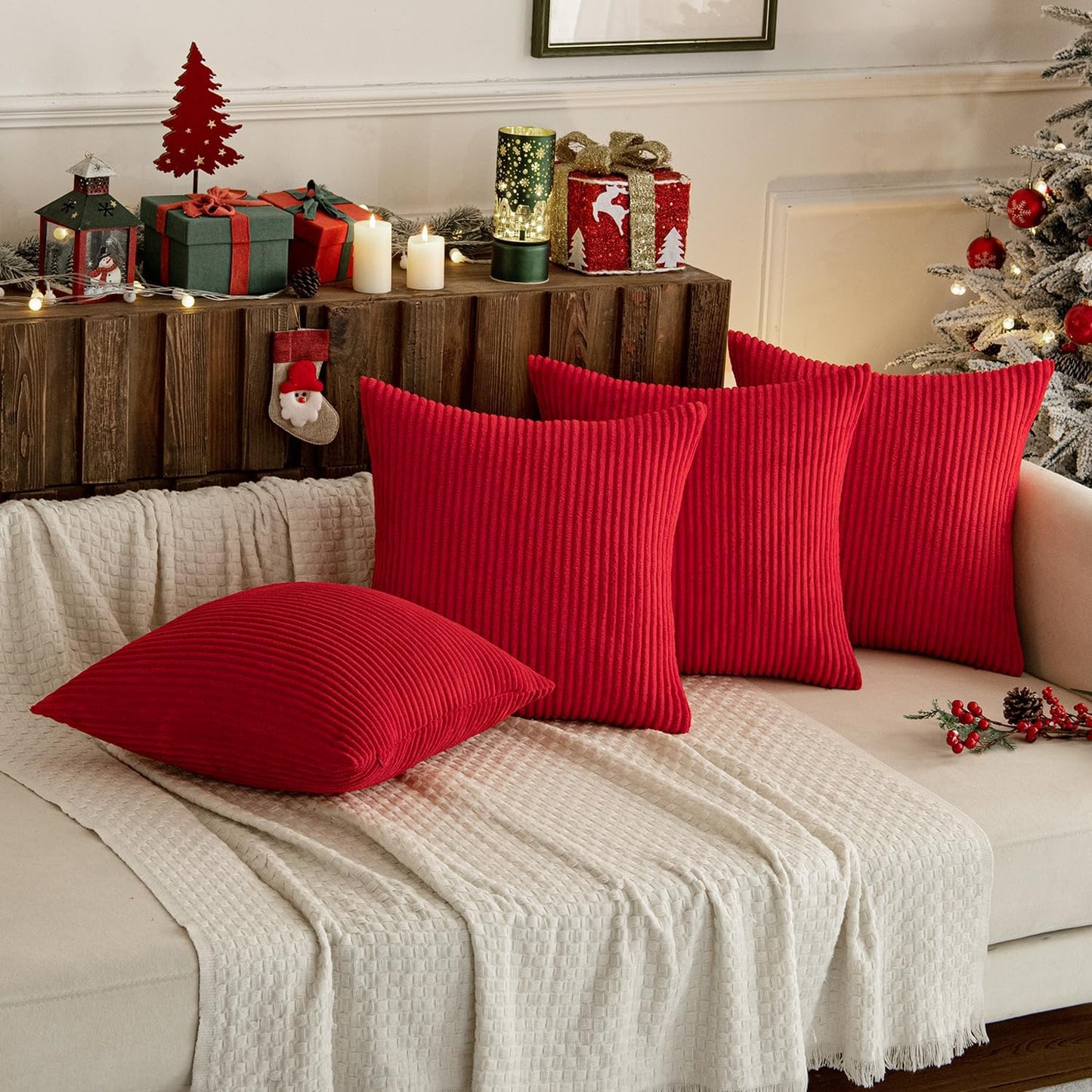 Boho Farmhouse Throw Pillow Covers 18X18 Inch Set of 4 Mordern Nordic Cushion Covers Soft Corduroy Home Decor for Couch Bed Sofa Living Room Christmas Red