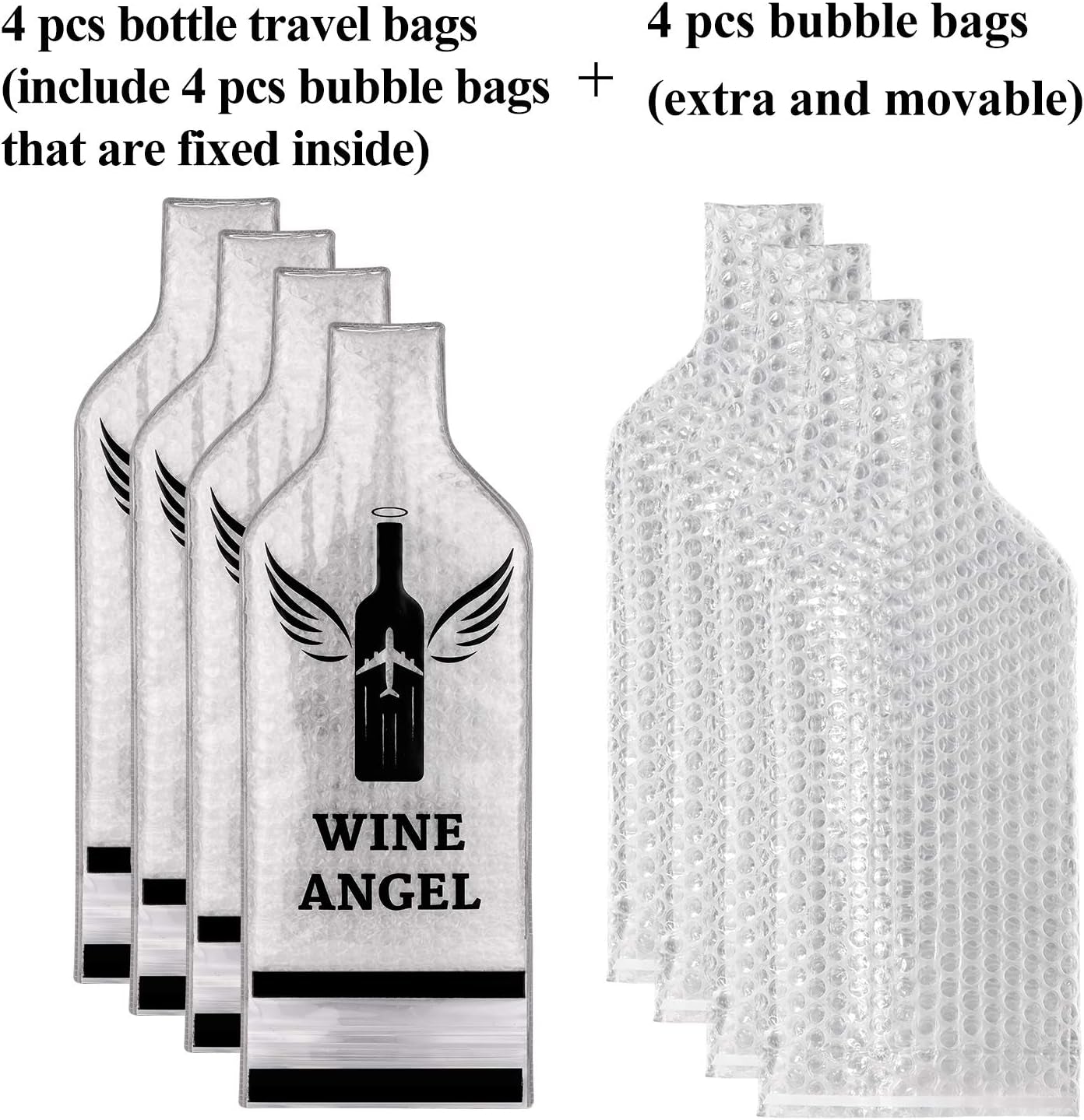 [UPGRADED PROTECTION] 4 Set (8 Pcs) Reusable Wine Bags for Travel, Wine Travel Protector, Bottle Travel Sleeve Case for Airplane, Car, Cruise, TRIPLE Protection Luggage Leak-Proof Safety Impact Resist