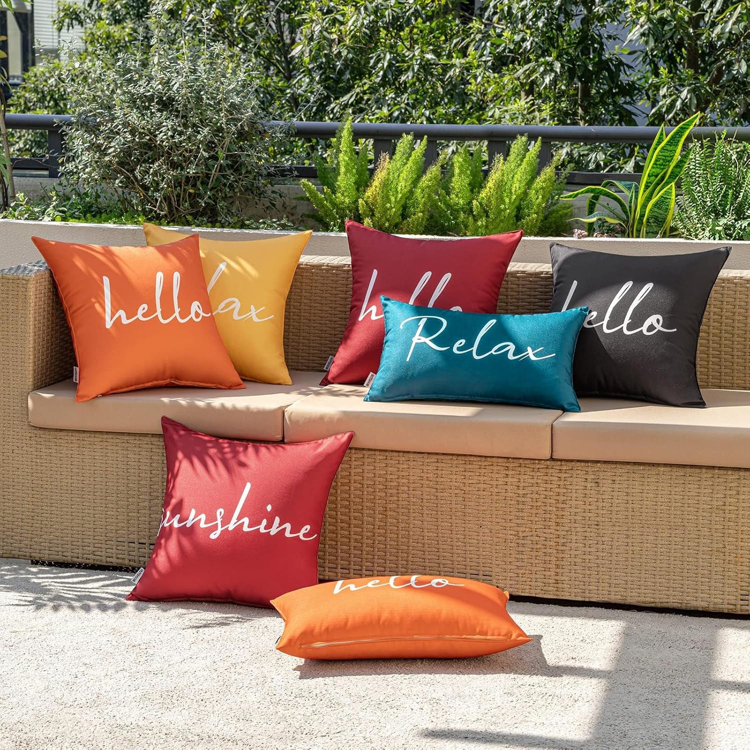 Outdoor Waterproof Throw Pillow Covers Set of 2 Hello Sunshine Decorative Outdoor Square Pillowcases for Chair Patio Garden Couch Tent Balcony Sofa Deep Blue 20X20 Inch