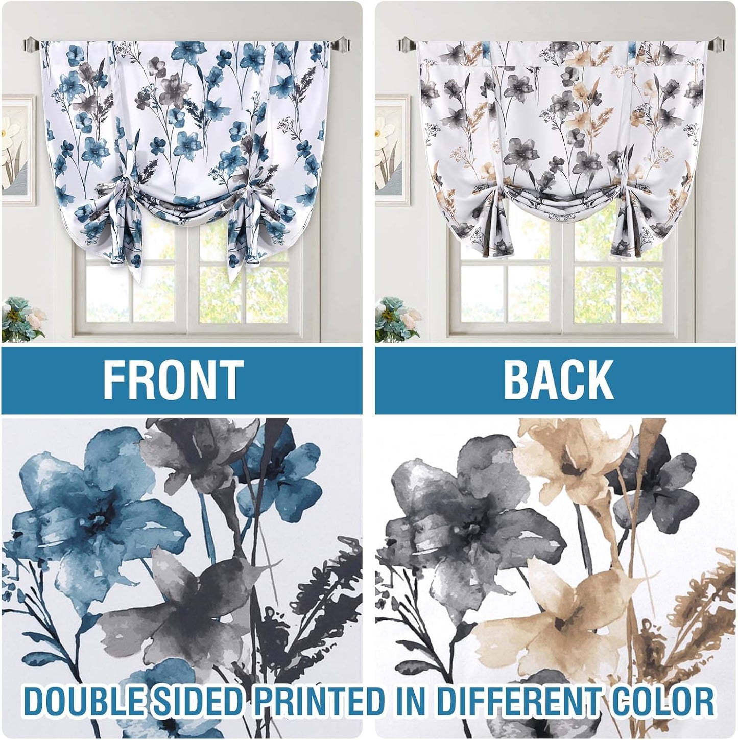 Reversible Tie up Curtains Cattleya Floral Printed Rod Pocket Panel for Small Window - Reversible in Blue/Taupe - 42" Wide by 45" Long