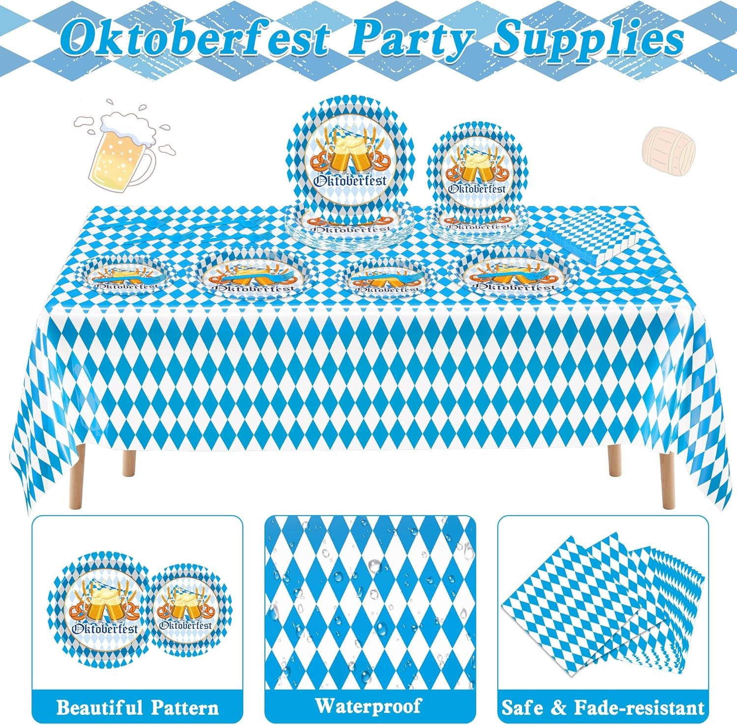 122 PCS Oktoberfest Decorations, Disposable 9" and 7" Blue and White Flag Check Beer Party Plates, Oktoberfest Paper Plates Napkins Forks Tablecover, Beer Festival Party Supplies for German Festival