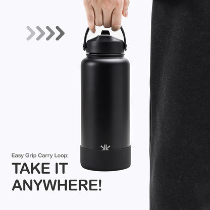 32 Oz Stainless Steel Insulated Water Bottle with Leak-Proof Flip Straw and Handle - Reusable Wide Mouth Design for Travel, Gym, and School (Carbon Black)