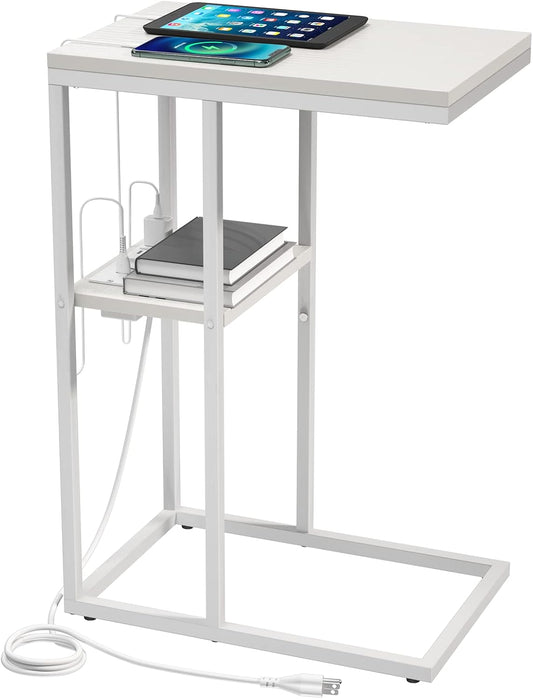C Shaped End Table with Charging Station, Small Side Tables for Living Room Bedroom, Sofa Table with USB Ports and Outlets for Small Spaces, Rustic Bed Side Table