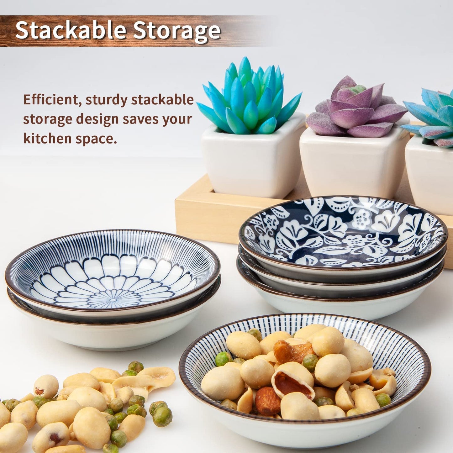 Dipping Bowls, Soy Sauce Dish Ceramic, 3 OZ Small Serving Bowls for Side Dishes Vintage Blue Stylish Design, Set of 6 Mini Appetizer Plates for Condiment Sushi Ketchup BBQ Party, 4 Inch