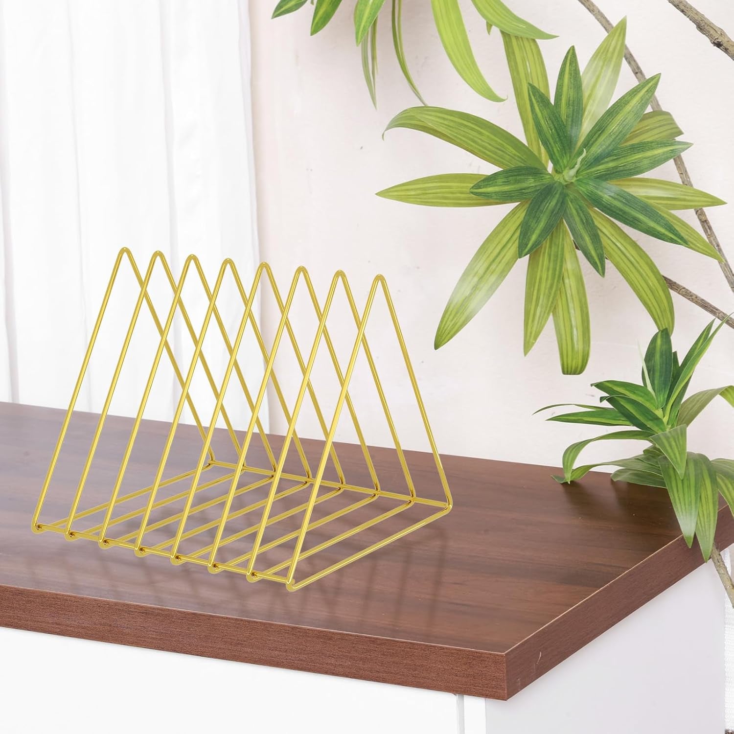 Triangle Desk Organizers Metal Wire Magazine Holder 7 Sections Decorative File Folder Organizer Vinyl Record Storage Office for Desk - Gold Magazine File Holder - Pack of 2