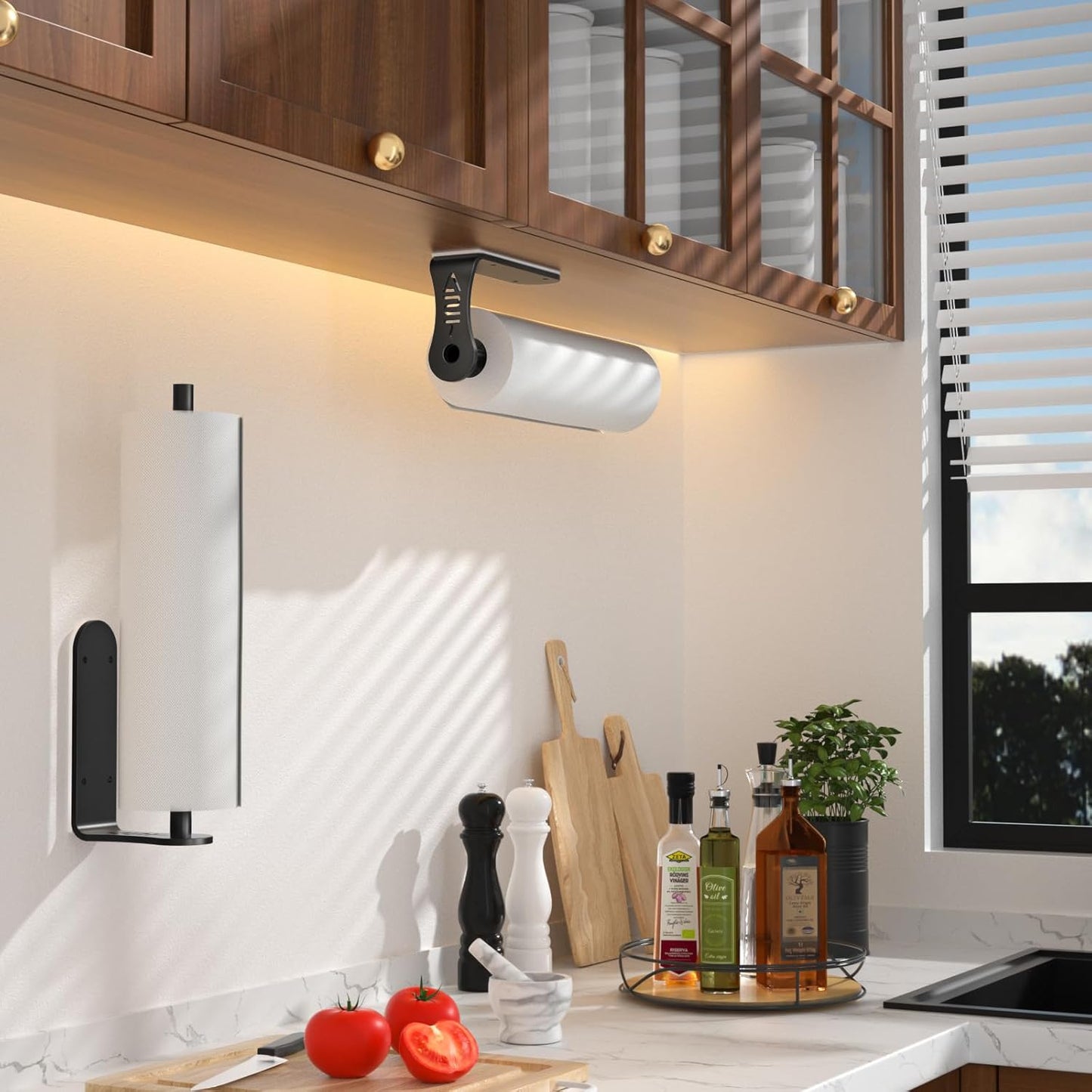 Black One-Hand Paper Towel Holder, Self-Adhesive or Screw-In, Stainless Steel, under Cabinet or Wall Mount, Space Saving, One-Hand Tear, Mute Design