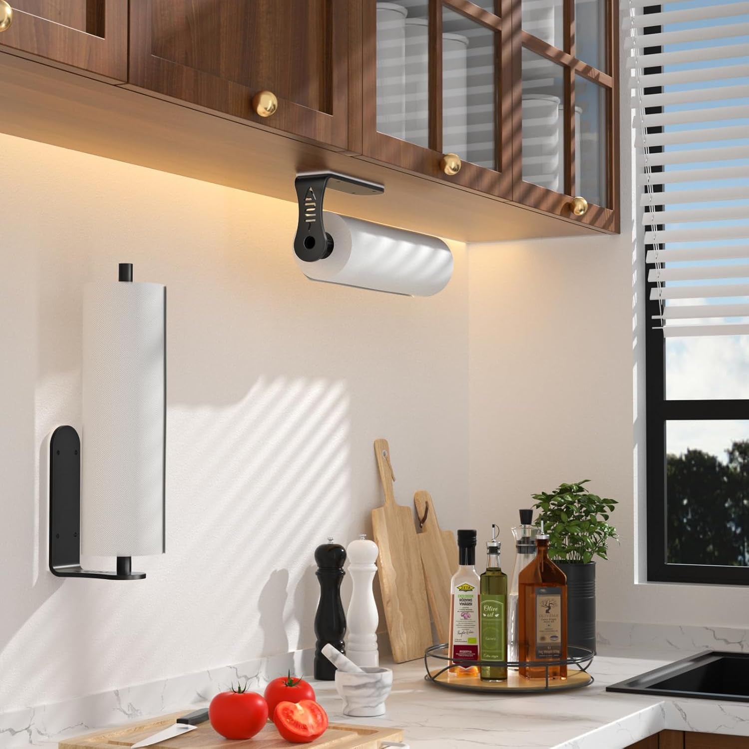 Black One-Hand Paper Towel Holder, Self-Adhesive or Screw-In, Stainless Steel, under Cabinet or Wall Mount, Space Saving, One-Hand Tear, Mute Design