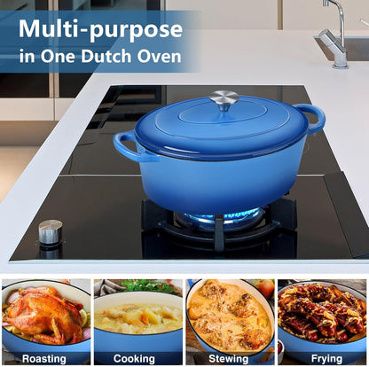 Oval Dutch Oven with Lid, Enameled Cast Dutch Oven Pot for Bread Baking, Braising, Stewing, Roasting, Non-Stick & Oven Safe, Dual Handles & Easy Clean, 5QT & Blue