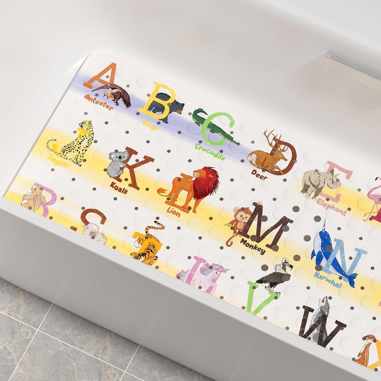 Baby Bath Mat Non Slip, Cartoon Kids Bath Mat for Tub 40 X 16 Inches Full Size Shower Stall Mats - Alphabets & Animals