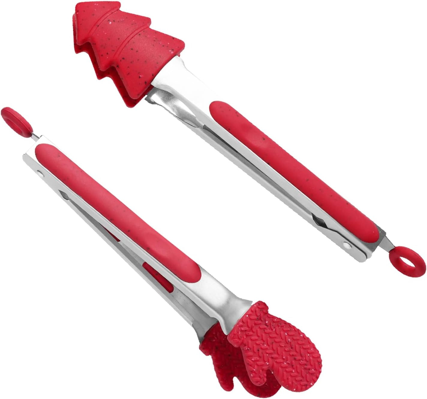 Christmas Kitchen Tongs, 2 Pack 10" Professional Stainless Steel Metal Tongs – Heat-Resistant for Grilling, BBQ, Serving Salad, Pasta, and Kitchen Use, Dishwasher Safe, Red