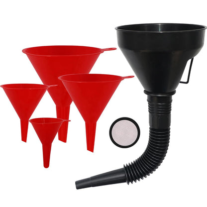 Professional Automotive Plastic Oil Funnel Set - 5 Large Flexible Fuel Funnels with Hose for Efficient Liquid Transfer in Automotive, Marine, and Canning Applications