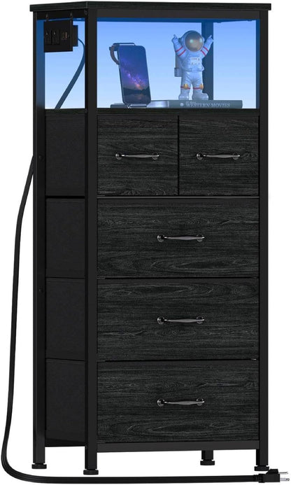 Elegant Black Oak Dresser and Nightstand with Charging Station, LED Lighting, and Fabric Bins - 5-Drawer Vertical Chest and Bedside Table for Bedroom and Entryway