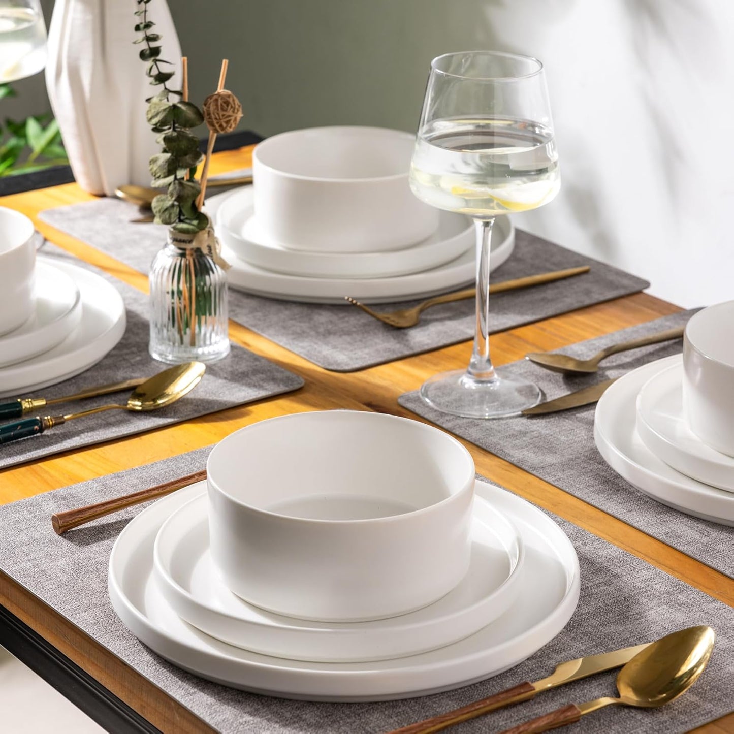 Ceramic Dinnerware Set for Four - 12-Piece Stoneware Plates and Bowls, Chip and Crack Resistant, Dishwasher and Microwave Safe, Scratch Resistant - Matte White Finish
