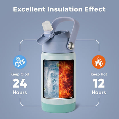 12 Oz Water Bottle, Kids Water Bottles for School, Toddler Water Bottle with Straw & Handle, 304 Stainless Steel Insulated Water Bottle, Non-Slip Silicone Base, BPA Free, Haze Blue