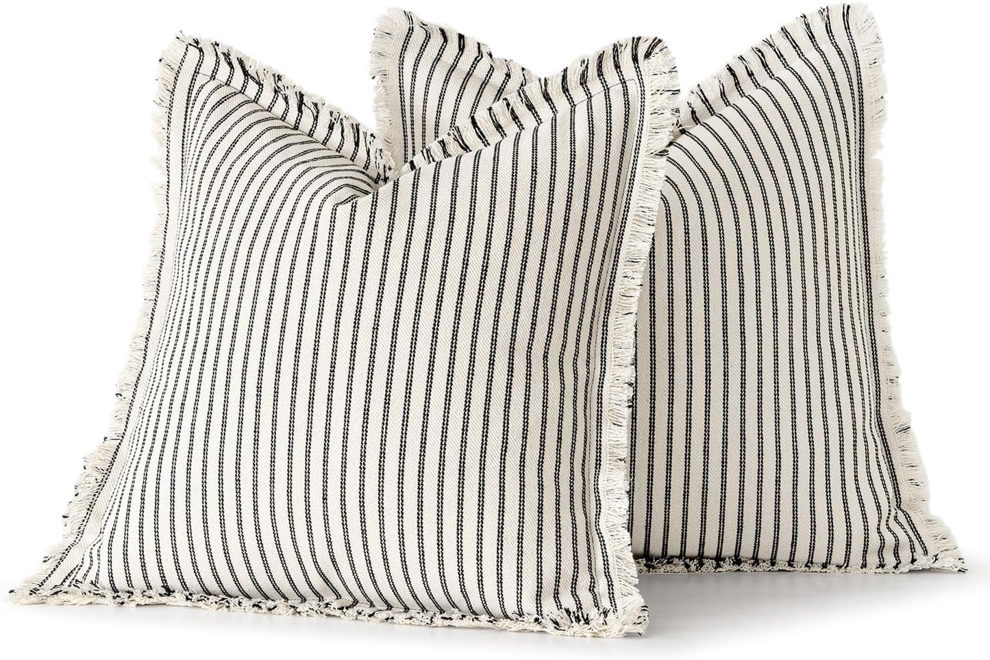 Pack of 2 Black Pillow Covers 20X20 Inch Striped Farmhouse Couch Throw Pillow Covers with Fringe Chic Linen Decorative Cushion Covers for Sofa Living Room Bed Outdoor Home Decor