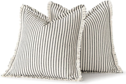 Pack of 2 Black Pillow Covers 20X20 Inch Striped Farmhouse Couch Throw Pillow Covers with Fringe Chic Linen Decorative Cushion Covers for Sofa Living Room Bed Outdoor Home Decor