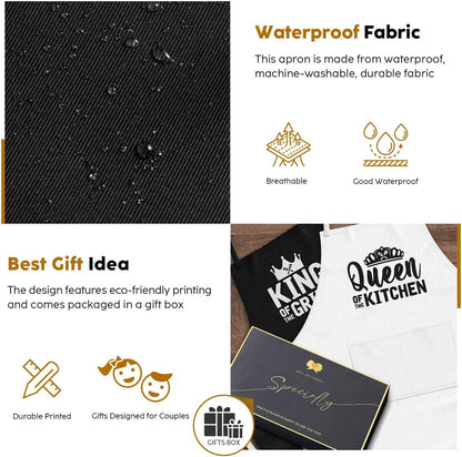 King & Queen Apron Set - Wedding Engagement Gifts for Couples, Funny Kitchen Gifts for Couples, Husband, Wife, Boyfriend, Girlfriend, Him Her, Bridal Shower Gifts, Unique Valentine'S Day Gifts Ideas