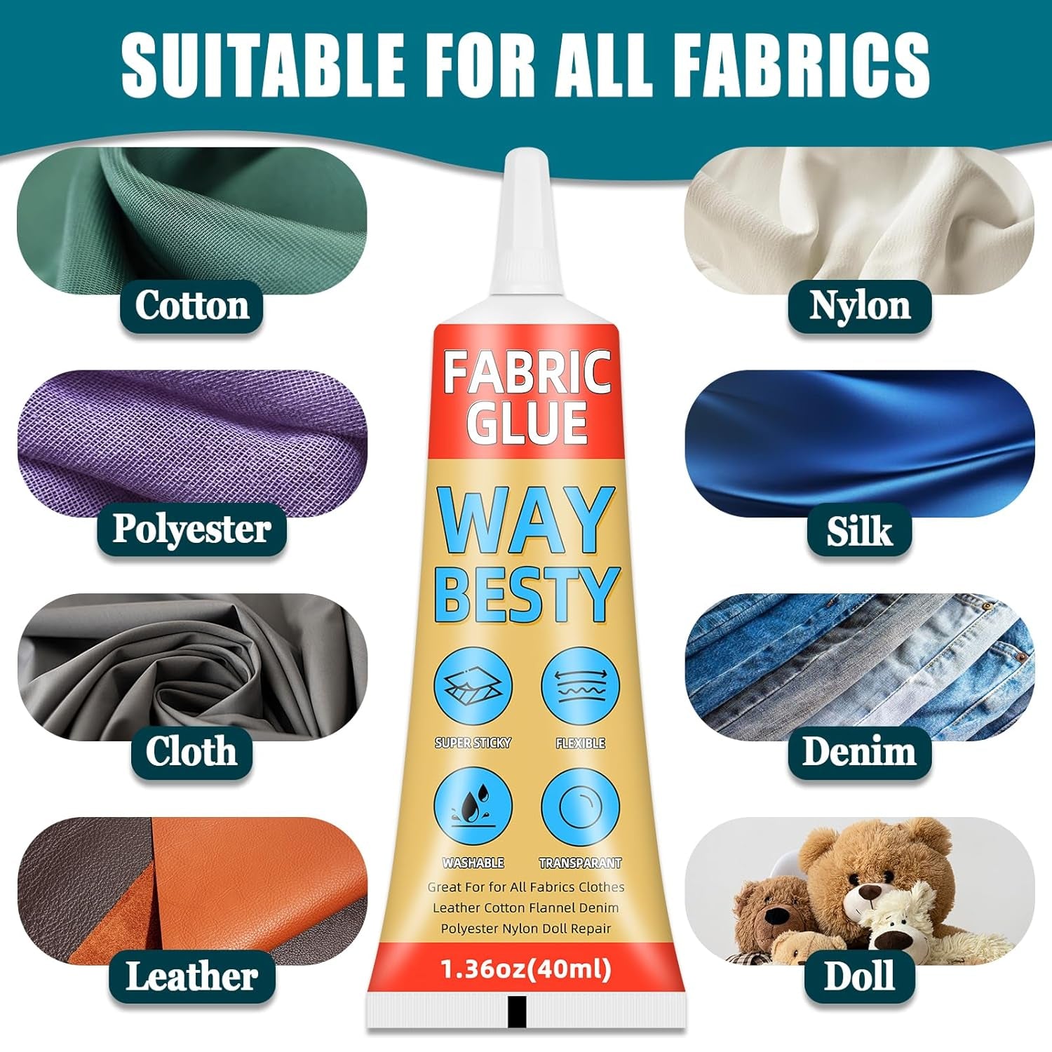 Fabric Glue Permanent, 40Ml Liquid Stitch Fabric Glue for Clothing Permanent Washable, Patches, Denim, Leather, Polyester, Flannel, Cotton-Mighty Mend It Waterproof (1 Pack 1.36Oz)