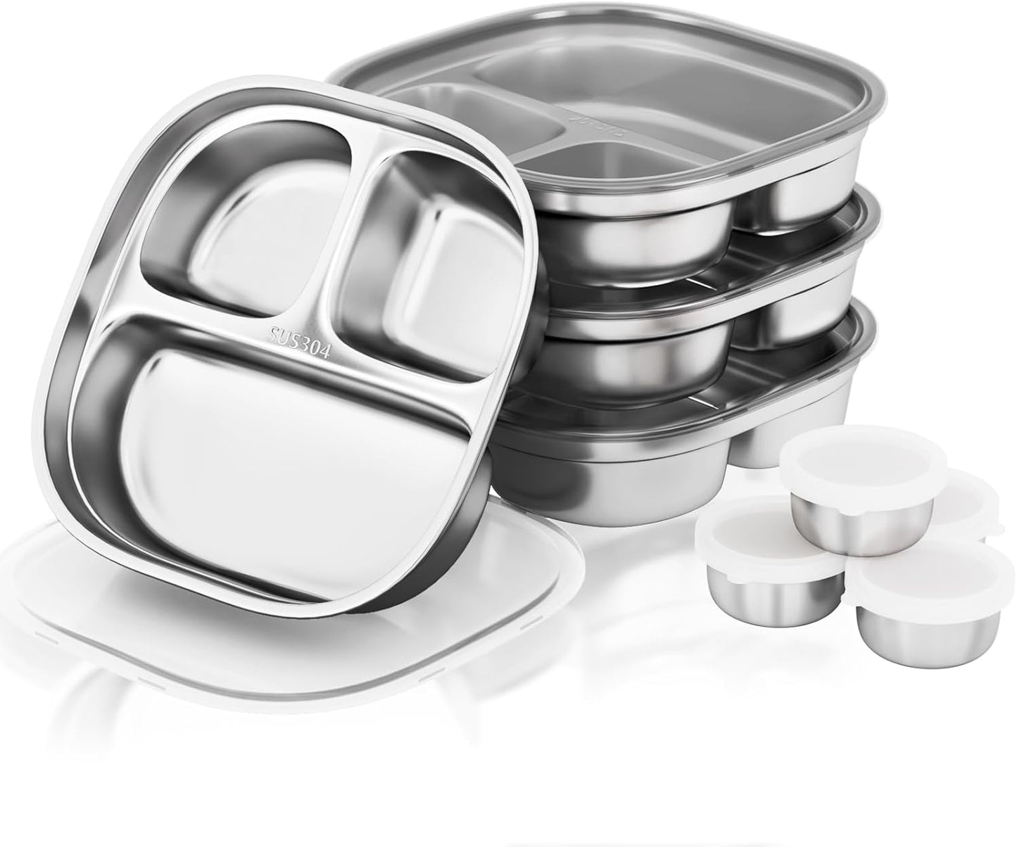 Stainless Steel Kids Plates, Divided Toddler Plate with Lids, 4 Pack 3 Sections Metal Snack Plate Tray, Non Toxic & BPA Free