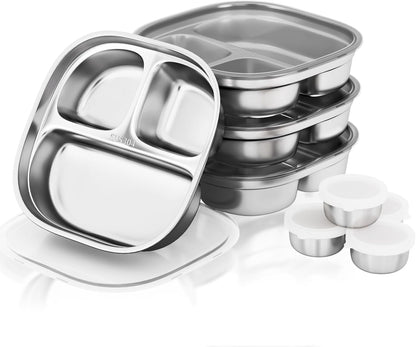 Stainless Steel Kids Plates, Divided Toddler Plate with Lids, 4 Pack 3 Sections Metal Snack Plate Tray, Non Toxic & BPA Free