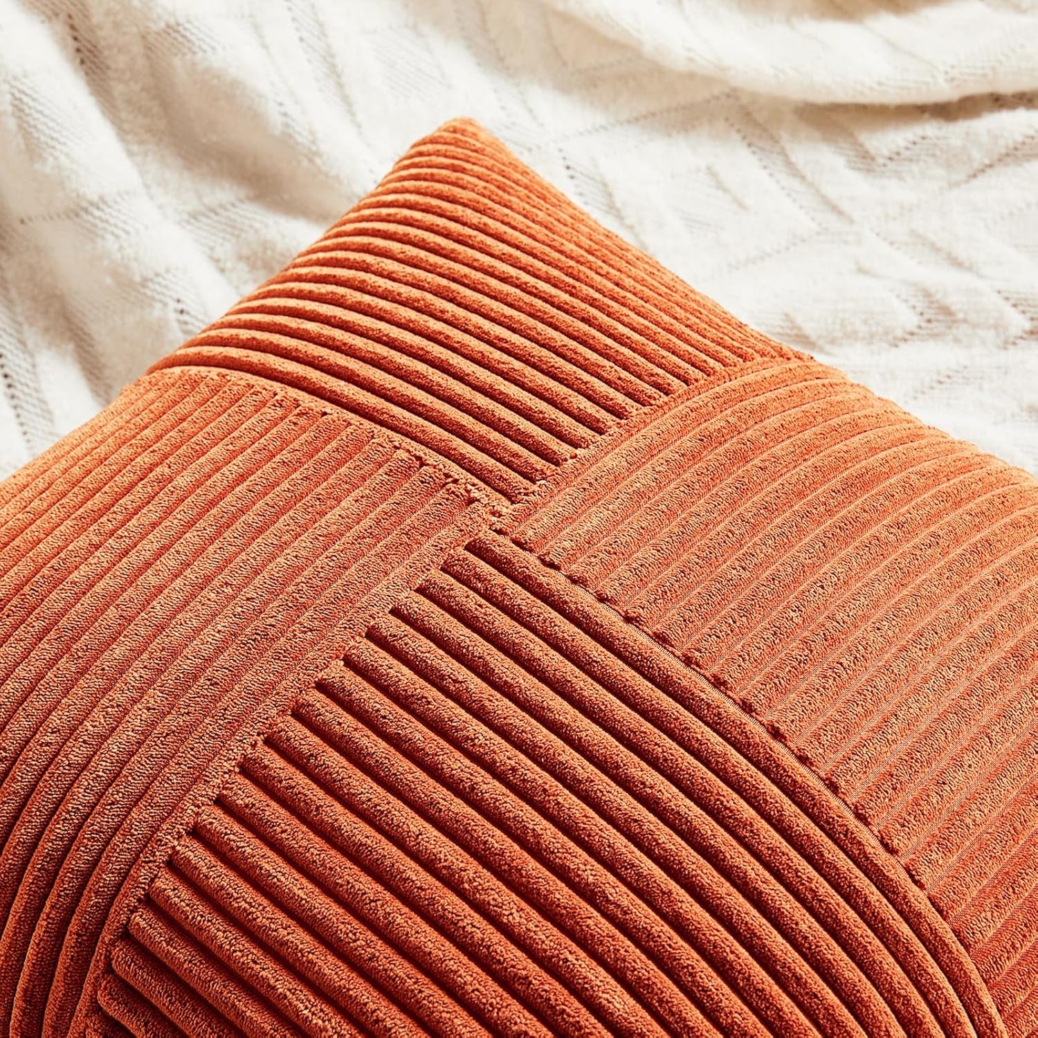 Set of 4 Burnt Orange Decorative Throw Pillow Covers 18X18 Inch for Living Room Couch Bed, Boho Farmhouse Fall Home Decor, Soft Textured Corduroy Cross Patchwork Cushion Case 45X45 Cm