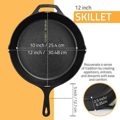 Cast Iron Frying Pan 12 Inch, Cast Iron Chefs Pan, Pre Seasoned Skillet, Safe Grill Cookware for Indoor & Outdoor Use, Black