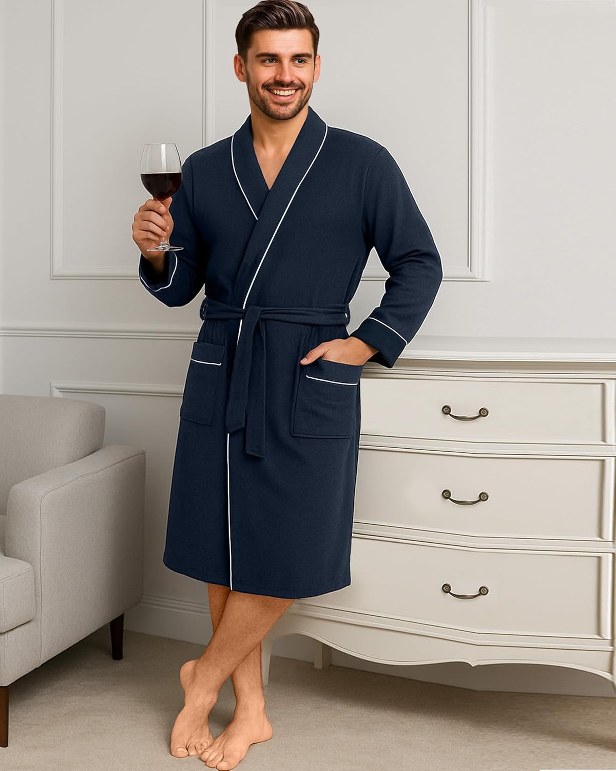 Men'S Robe Cotton Blend Knit Bathrobe
