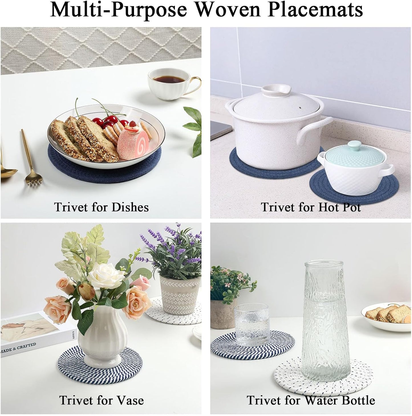 8 Inches Trivets for Hot Dishes, 4 Pieces Cotton Trivets Mats for Kitchen, Hot Pads for Countertops and Table, Heat-Resistant Pot Holders for Hot Pots and Pans(Blue, 4Pcs)