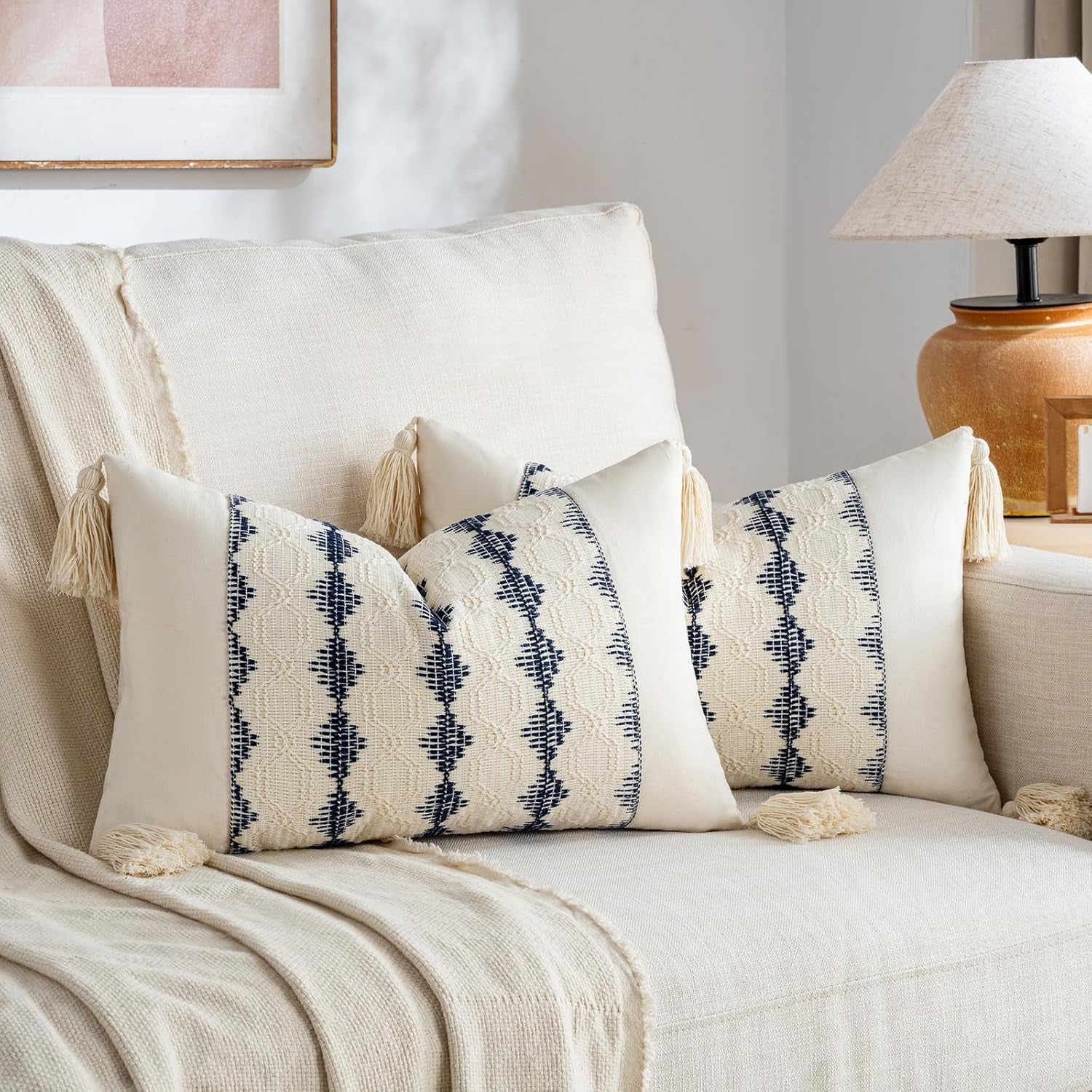 Set of 2 Navy Blue Lumbar Decorative Throw Pillow Covers 12X20 Inch for Couch Bed Sofa Living Room, Aesthetic Organic Farmhouse Home Decor, Cotton Woven Textured Cushion Case with Tassels